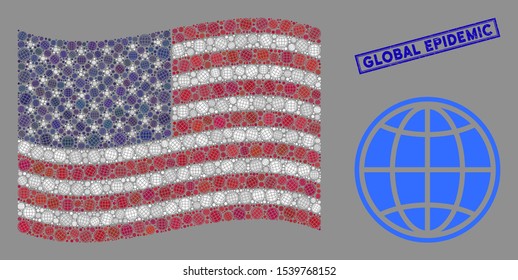 Internet items are combined into USA flag abstraction with blue rectangle distressed stamp seal of Global Epidemic caption. Vector composition of USA waving state flag is done with internet icons.