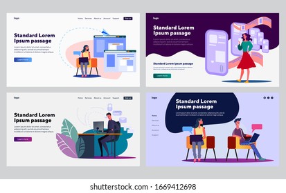 Trabajo de Internet. Autónomo enviando correo electrónico, chat en línea, hacker robando datos. Ilustraciones vectoriales planas. Red de medios sociales, concepto de comunicación para banner, diseño de sitio web o página web de inicio