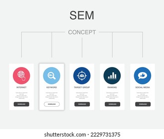 Internet, Schlagwort, Zielgruppe, Ranking, Social Media, Symbole Infografische Design-Vorlage. Kreatives Konzept mit 5 Schritten