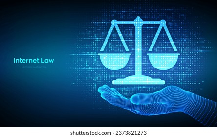 Internet law icon made with binary code in hand. Cyberlaw as digital legal services or online lawyer advice concept. Labor law, Lawyer, Attorney at law. Streaming digital code. Vector illustration.