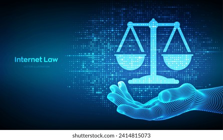 Internet law icon made with binary code in hand. Cyberlaw as digital legal services or online lawyer advice concept. Labor law, Lawyer, Attorney at law. Streaming digital code. Vector illustration.