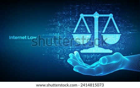Internet law icon made with binary code in hand. Cyberlaw as digital legal services or online lawyer advice concept. Labor law, Lawyer, Attorney at law. Streaming digital code. Vector illustration.