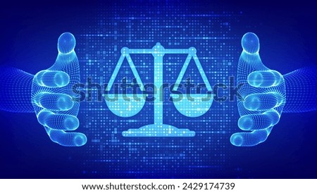 Internet law icon made with binary code in hands. Cyberlaw as digital legal services or online lawyer advice concept. Labor law, Lawyer, Attorney at law. Streaming digital code. Vector illustration.