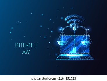 Internet law, net neutrality concept with futuristic laptop, wi-fi symbol and scales on blue 