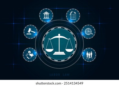 Internet law on Dark Blue blurred background.Cyber Law as digital legal services Labor law, Lawyer. Justice Balance, icon on Business and Finance Vector Background