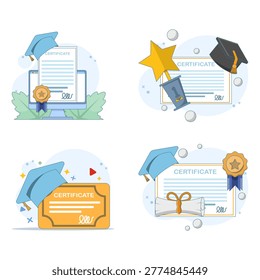 Internet learning and certificate acquisition illustration set in flat vector style. E learning concept with online courses, certification, graduation, and digital education platforms.