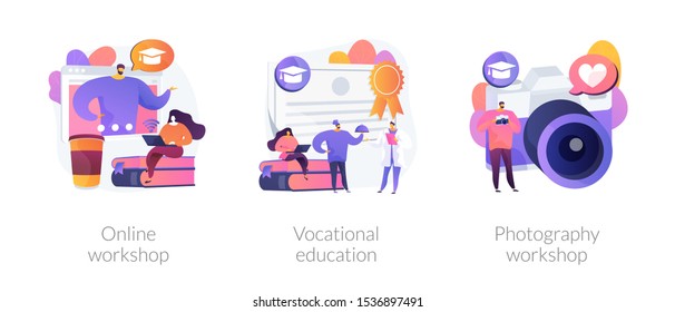 Internet learning, certificate gaining, photographer training courses icons set. Online workshop, vocational education, photography workshop metaphors. Vector isolated concept metaphor illustrations