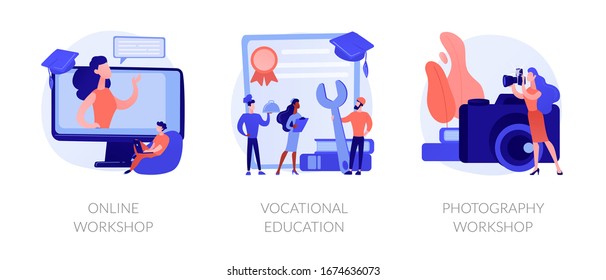 Internet learning, certificate gaining, photographer training courses icons set. Online workshop, vocational education, photography workshop metaphors. Vector isolated concept metaphor illustrations