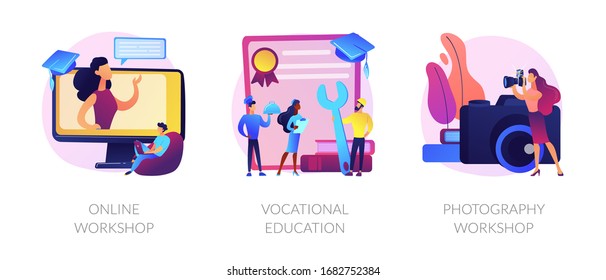 Internet Learning, Certificate Gaining, Photographer Training Courses Icons Set. Online Workshop, Vocational Education, Photography Workshop Metaphors. Vector Isolated Concept Metaphor Illustrations