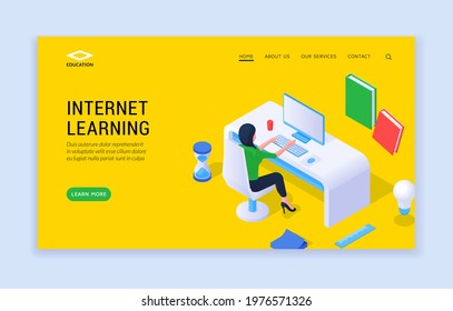 Internet learning concept. Landing page website banner template with woman at desk studying online for promotion of Internet learning course on yellow background. Isometric vector illustration