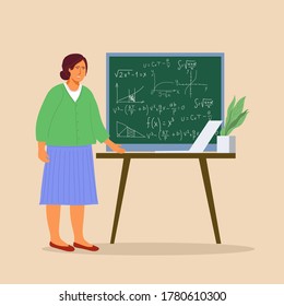 Aprendizaje en Internet. Aprendizaje a distancia.Profesor en pizarra.Ilustración vectorial.