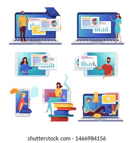 Internet learning flat vector illustrations set. Online courses, self education. Female cartoon character using ereading app, digital library archive. Business analysis, data analytics distant classes