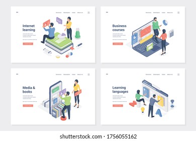 Internet learning, online education types isometric landing page templates set. Business courses, trainings, media and books, learning languages. Online students cartoon characters