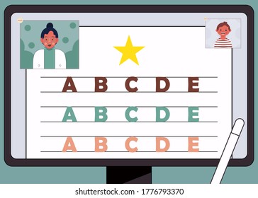 internet learning, the socail distancing, education on internet with computer notebook, the connection with teacher and student by internet, new normal, online learning, distance education, education