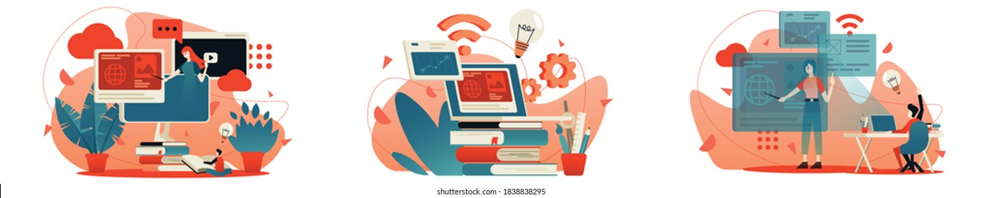 internet learning, webinar, online classes flat image vector template set