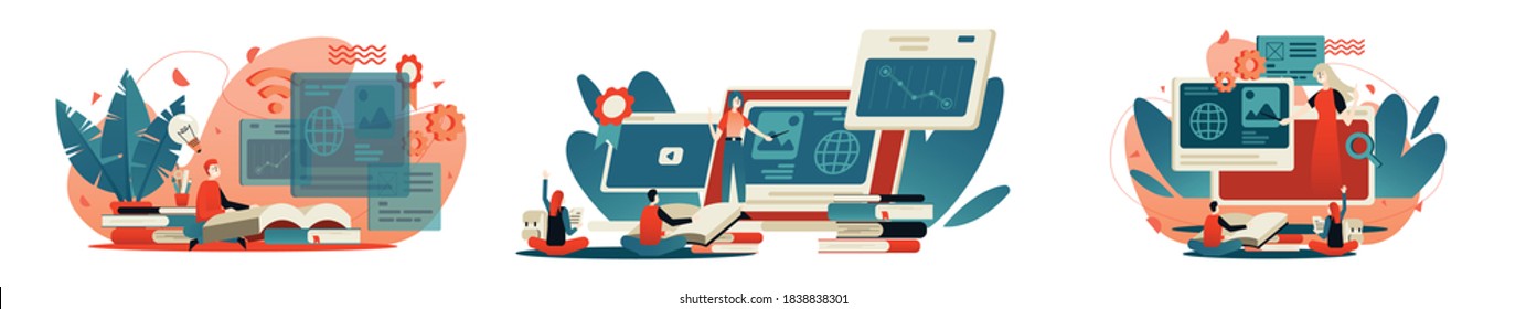 internet learning, webinar, online classes flat image vector template set