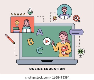 Internet lecture. The teacher is giving a lecture on the laptop screen. Education icons are decorated around. flat design style minimal vector illustration.