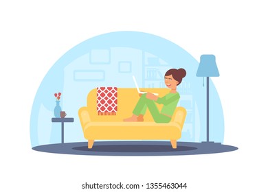 Internet leisure, remote job flat illustration. Young woman in pajamas sit on sofa with laptop cartoon character. Freelancer work at home. Living room interior. Relaxation with wireless technology