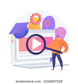 Internet lessons searching. Remote university, educational programs, online classes website. High school student with magnifying glass cartoon character. Vector isolated concept metaphor illustration.