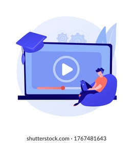 Internet lessons searching. Remote university, educational programs, online classes website. High school student with magnifying glass cartoon character. Vector isolated concept metaphor illustration.