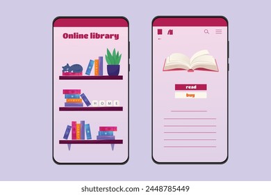 Internet library in cartoon style. Library on your phone