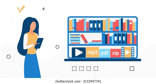 Internet Library Shelves With Audio And Video Books. Digital Learning And Education Materials Access