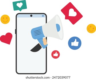 Internet liker, happy social media, like or positive feedback from remote. Megaphone with positive thumbs up symbols.

