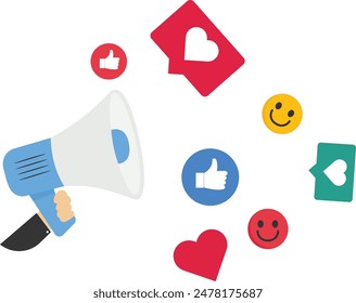 Internet liker, happy social media, like or positive feedback from remote. Megaphone with positive thumbs up symbols.

