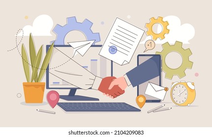 Internet Is Limitless Space For Business People From All Over The World. Global Cooperation. Businessmen Shake Hands On Phone And Computer. Vector Illustration In Flat Cartoon Style.