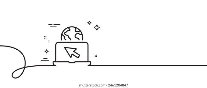 Icono de línea de Internet. Una línea continua con rizo. Signo de Web de portátil. Cuaderno con símbolo de cursor. Cinta de esquema único de Internet. Patrón de curva de bucle. Vector