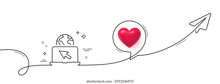 Internet line icon. Continuous line with share plane. Laptop web sign. Notebook with cursor symbol. 3d heart in speech bubble. Internet single line ribbon. Loop curve pattern. Vector