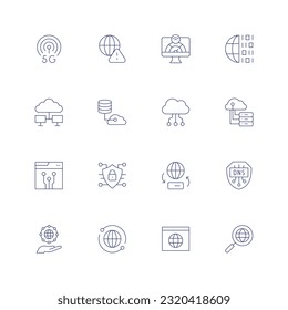 Internet line icon set. Editable stroke. Thin line icon. Containing alert, bandwidth, binary, cloud computing, cloud data, cloud server, cryptography, cyber security, data transfer, dns, global.