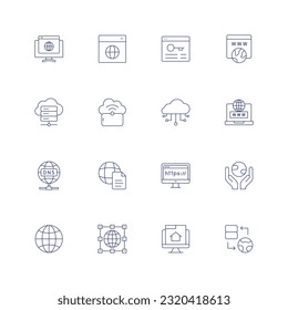 Internet line icon set. Editable stroke. Thin line icon. Containing browser, cloud server, cloud storage, cloud, www, dns, document, domain, earth, globalization, globe, homepage, hosting.