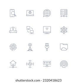 Internet line icon set. Editable stroke. Thin line icon. Containing browsing, bug, chat, cloud computing, communications, computer, connection, earth, electric tower, ethernet, file, house, worldwide.