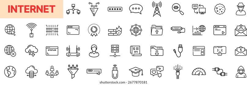 Internet Line Icon Set with Global Network, Wifi Signal, Browser Window, Cloud Storage, Data Transfer, SEO Otimization, Cybersecurity, Email, Online Shopping, Digital Communication, and Web Technology