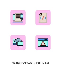 Conjunto de iconos de línea de Internet. Enlace a archivo, sincronización de dispositivos, portátil y teléfono móvil, señal de advertencia. Concepto de Tecnología. Se puede utilizar para temas como informática, redes. Ilustración vectorial para App