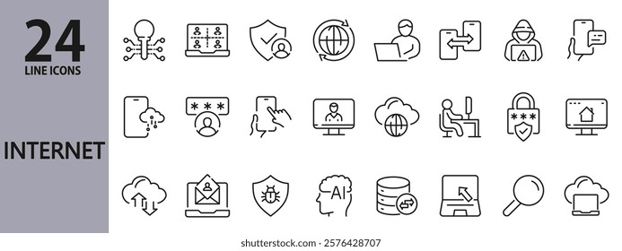 Internet line icons set with Security, Business, Cyberspace, Mail, Password, AI, Network, Notebook, Cloud, Server and more. Editable Stroke