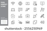 Internet line icons. Vector illustration include icon - satellite dish, provider, wifi, cctv camera, laptop, optical cable, patch cord outline pictogram for web. 64x64 Pixel Perfect, Editable Stroke