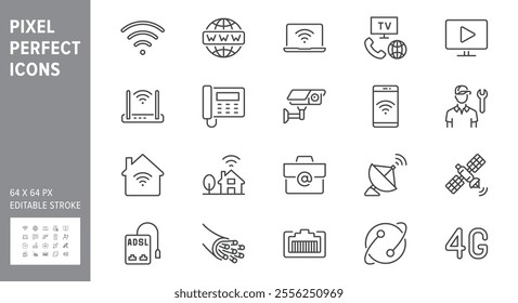 Internet line icons. Vector illustration include icon - satellite dish, provider, wifi, cctv camera, laptop, optical cable, patch cord outline pictogram for web. 64x64 Pixel Perfect, Editable Stroke