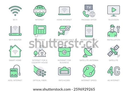 Internet line icons. Vector illustration include icon - satellite dish, provider, wifi, cctv camera, laptop, optical cable, patch cord outline pictogram for web. Editable Stroke, Green Color.