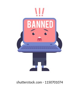 Internet lock concept - laptop cartoon character with restrict access to web page or information resource in flat style. Computer device with red screen and Banned sign isolated vector illustration.
