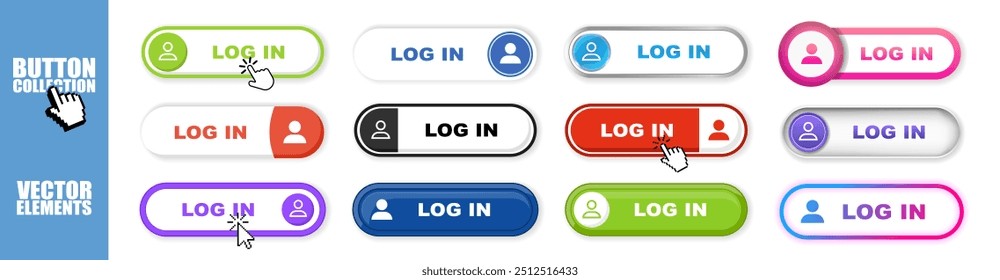 Conjunto de Botones de Iniciar sesión de Internet. Inicio de sesión de etiqueta de icono de signo. Botón de Web sobre fondo transparente. 