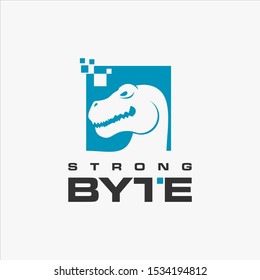 Internet logo simple tyrannosaurus head and Pixel vector frame for technology design inspiration