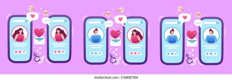 Internet love dating application. Mobile phone with man and woman profiles searching for romantic partner, couple finding love. Online service for virtual relationship. People chatting vector