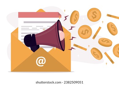 Correo por Internet, campaña de marketing, campaña de promoción. Sobre amarillo con enorme megáfono ofreciendo dinero. Beneficio financiero. Correo basura, correos electrónicos con ofertas rentables. Correo electrónico, concepto. vector