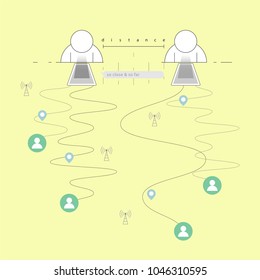 Internet make distance doesn’t matter. It’s depicted by comparison between length symbol and text messaging icon. Relationship is about anyone or anywhere we need to connect. Vector illustration.