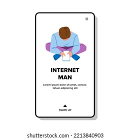 internet man vector. male technology, person happy young, work laptop, home using, guy online, communication internet man web flat cartoon illustration