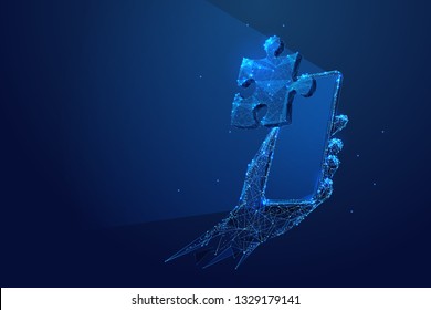Internet management. Teamwork concept. Puzzle on smartphone screen. Email Vector low poly wireframe in the form of a starry sky, consisting of points, lines, and shapes in the form of stars.