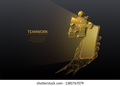 Internet management. Teamwork concept. Puzzle on smartphone screen. Gold Vector low poly wireframe in the form of a starry sky, consisting of points, lines, and shapes in the form of stars.