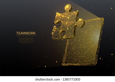 Internet management. Teamwork concept. Puzzle on pc tablet screen. Gold Vector low poly wireframe in the form of a starry sky, consisting of points, lines, and shapes in the form of stars.